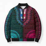 Teal-pink Dashiki and Tapa Pattern Bomber Puffer Jacket Africa-Polynesia Together Culture