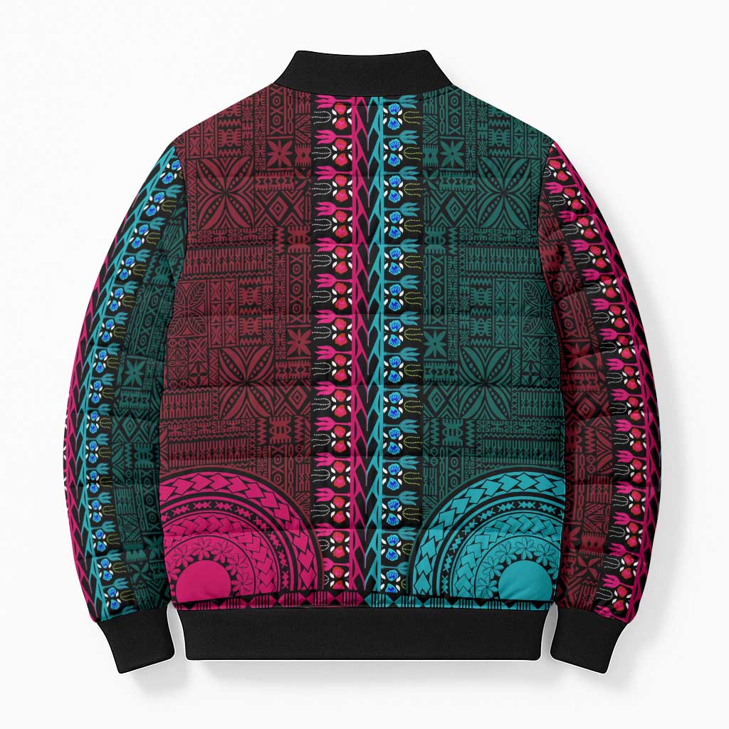 Teal-pink Dashiki and Tapa Pattern Bomber Puffer Jacket Africa-Polynesia Together Culture