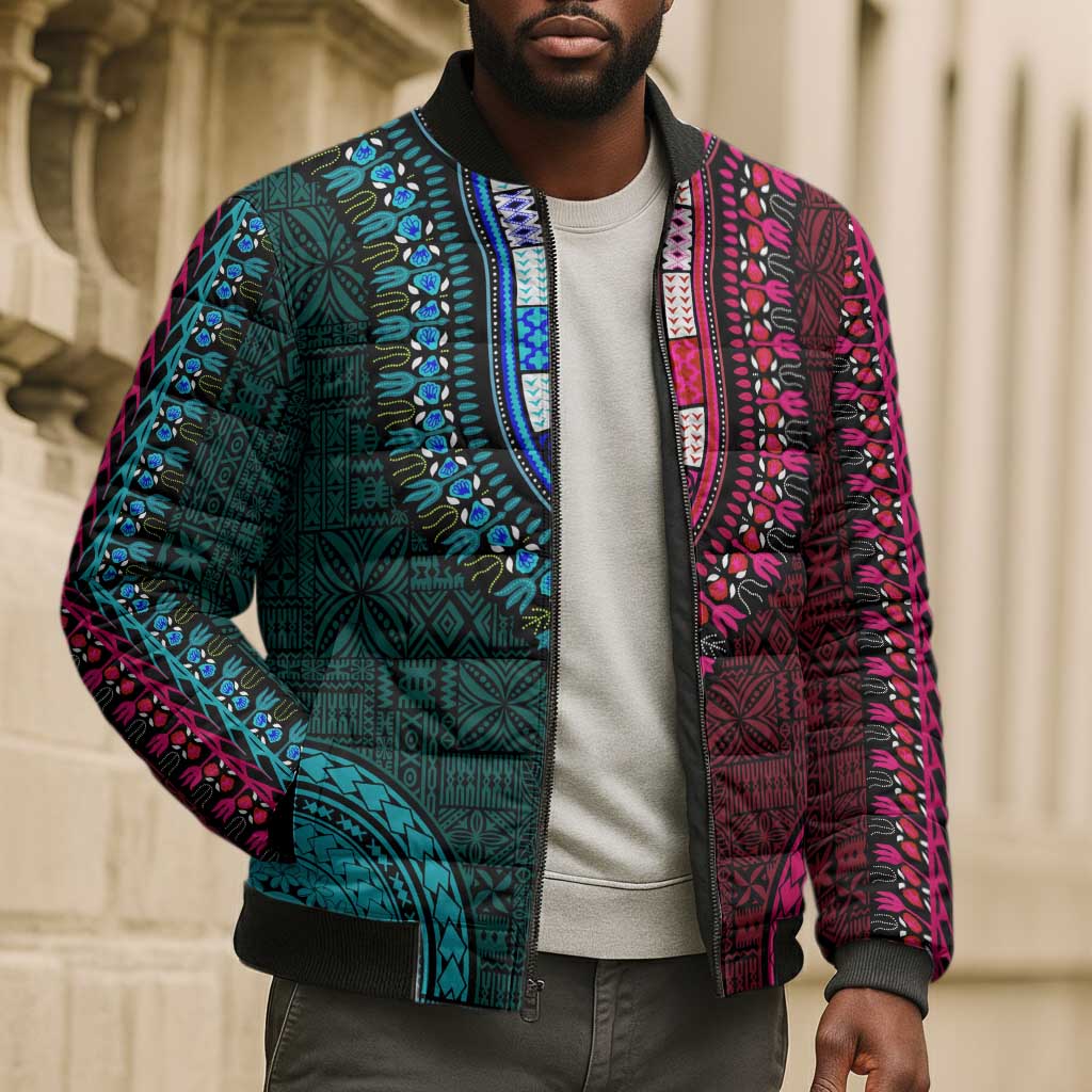 Teal-pink Dashiki and Tapa Pattern Bomber Puffer Jacket Africa-Polynesia Together Culture