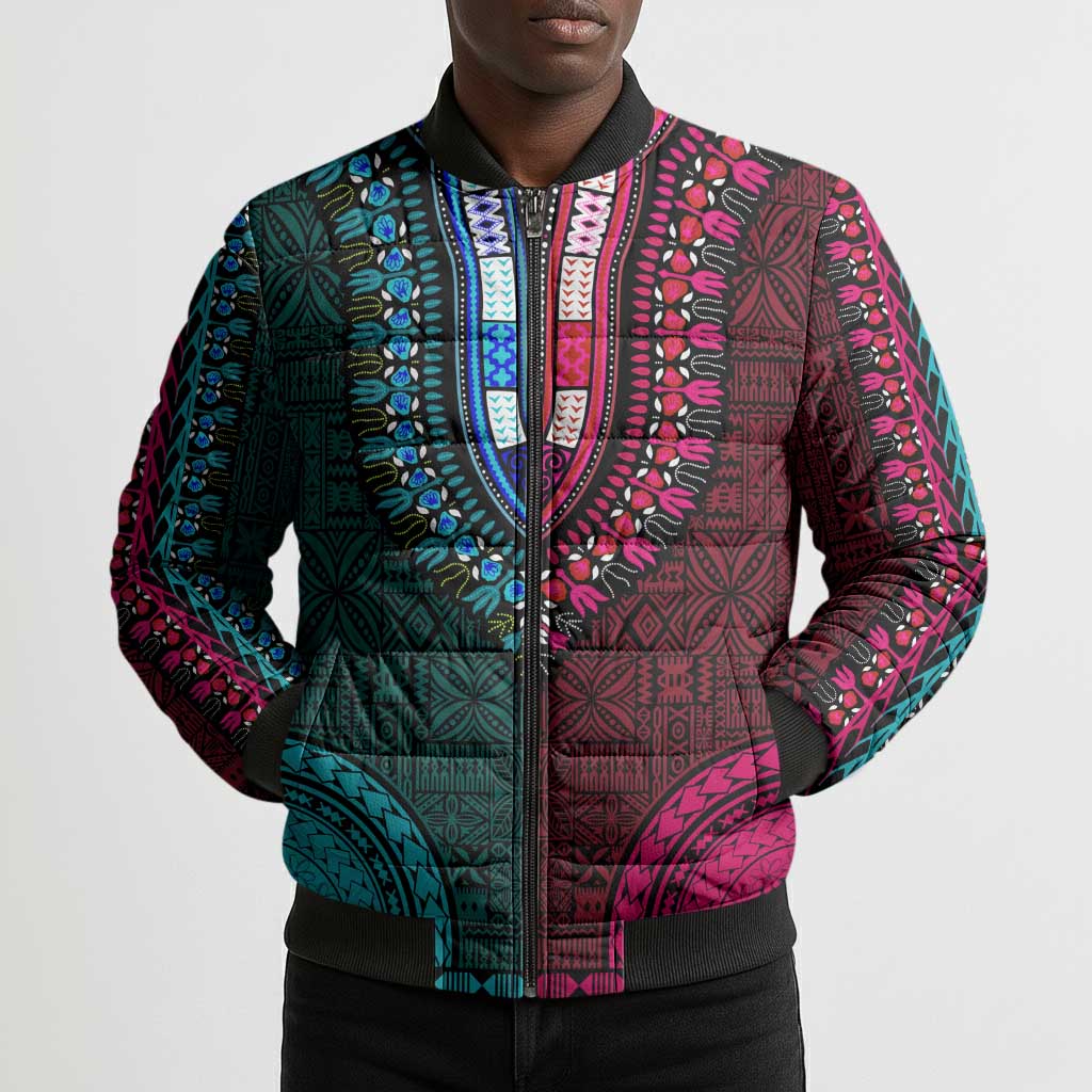 Teal-pink Dashiki and Tapa Pattern Bomber Puffer Jacket Africa-Polynesia Together Culture