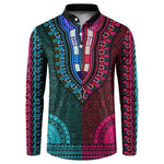 Teal-pink Dashiki and Tapa Pattern Button Sweatshirt Africa-Polynesia Together Culture