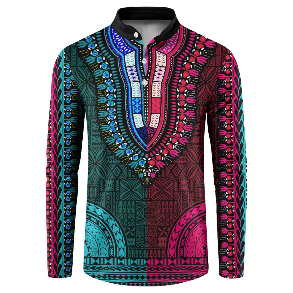 Teal-pink Dashiki and Tapa Pattern Button Sweatshirt Africa-Polynesia Together Culture