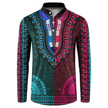 Teal-pink Dashiki and Tapa Pattern Button Sweatshirt Africa-Polynesia Together Culture