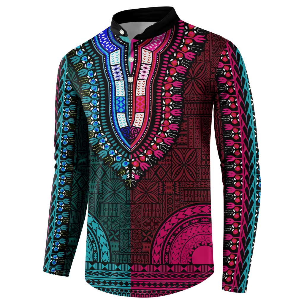 Teal-pink Dashiki and Tapa Pattern Button Sweatshirt Africa-Polynesia Together Culture