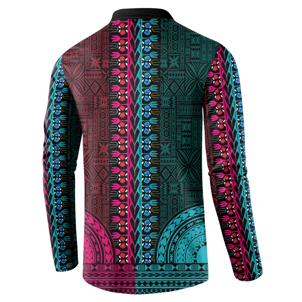 Teal-pink Dashiki and Tapa Pattern Button Sweatshirt Africa-Polynesia Together Culture