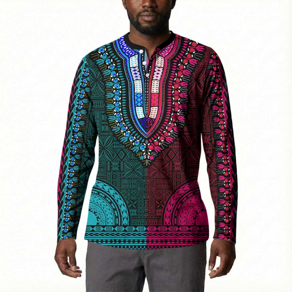 Teal-pink Dashiki and Tapa Pattern Button Sweatshirt Africa-Polynesia Together Culture