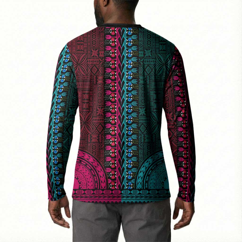 Teal-pink Dashiki and Tapa Pattern Button Sweatshirt Africa-Polynesia Together Culture