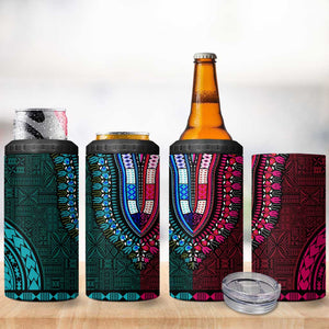 Teal-pink Dashiki and Tapa Pattern 4 in 1 Can Cooler Tumbler Africa-Polynesia Together Culture