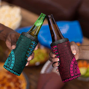 Teal-pink Dashiki and Tapa Pattern 4 in 1 Can Cooler Tumbler Africa-Polynesia Together Culture