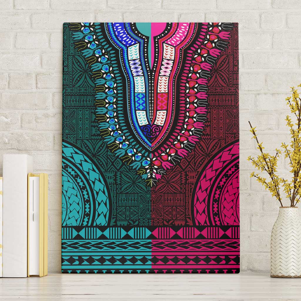 Teal-pink Dashiki and Tapa Pattern Canvas Wall Art Africa-Polynesia Together Culture