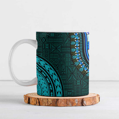 Teal-pink Dashiki and Tapa Pattern Ceramic Mug Africa-Polynesia Together Culture