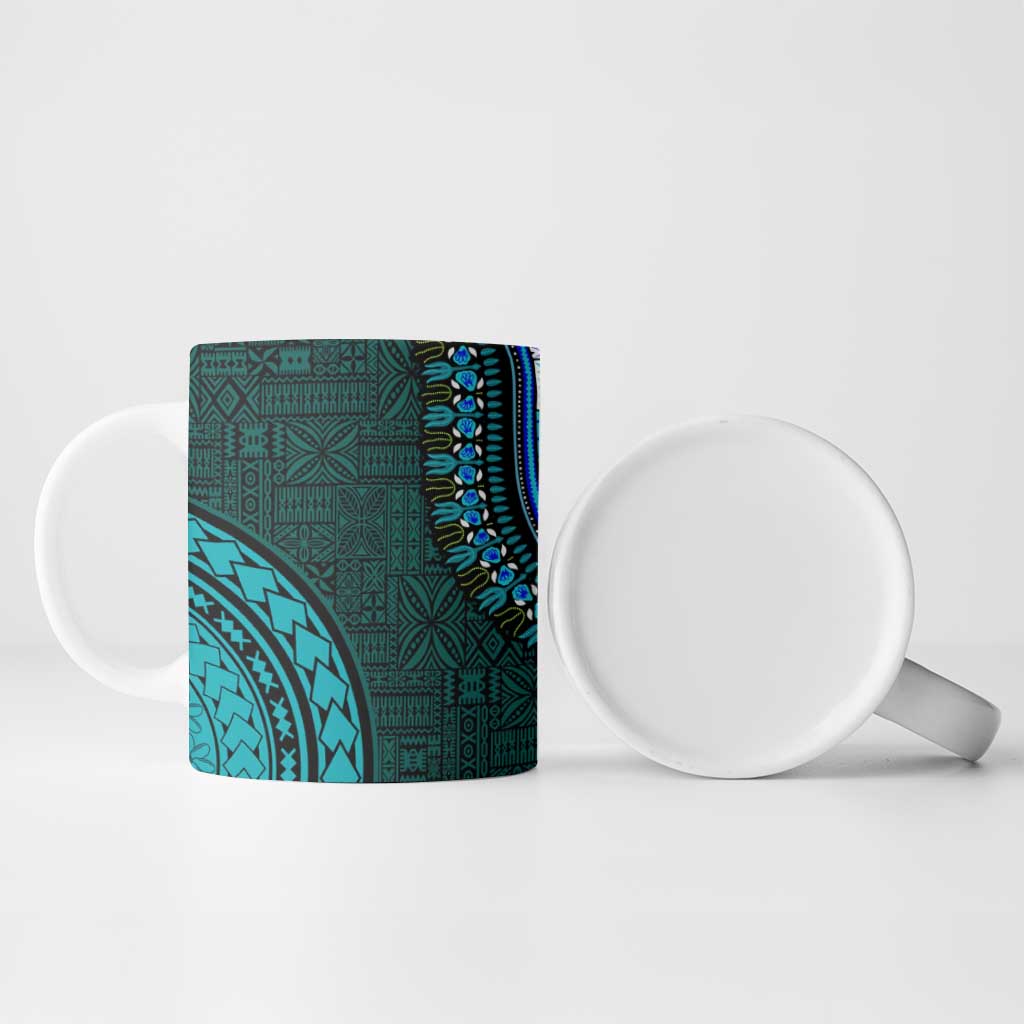 Teal-pink Dashiki and Tapa Pattern Ceramic Mug Africa-Polynesia Together Culture