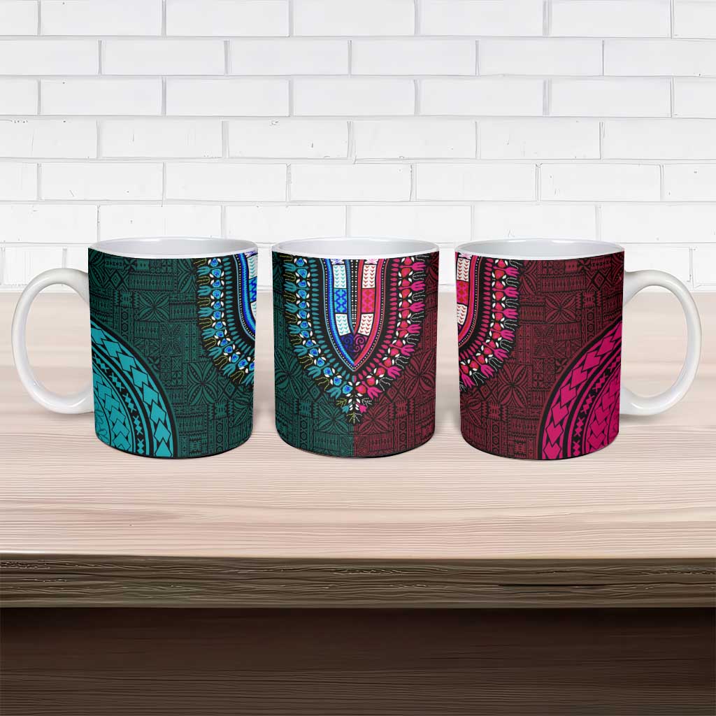 Teal-pink Dashiki and Tapa Pattern Ceramic Mug Africa-Polynesia Together Culture