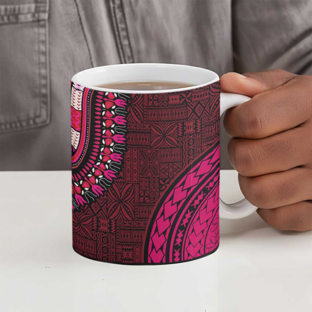 Teal-pink Dashiki and Tapa Pattern Ceramic Mug Africa-Polynesia Together Culture