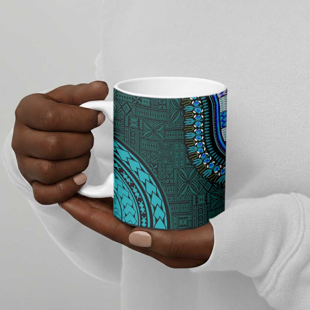 Teal-pink Dashiki and Tapa Pattern Ceramic Mug Africa-Polynesia Together Culture