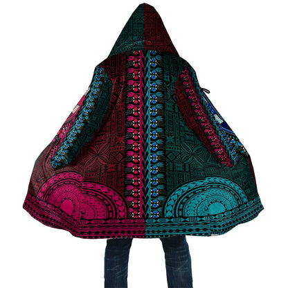 Teal-pink Dashiki and Tapa Pattern Cloak Africa-Polynesia Together Culture