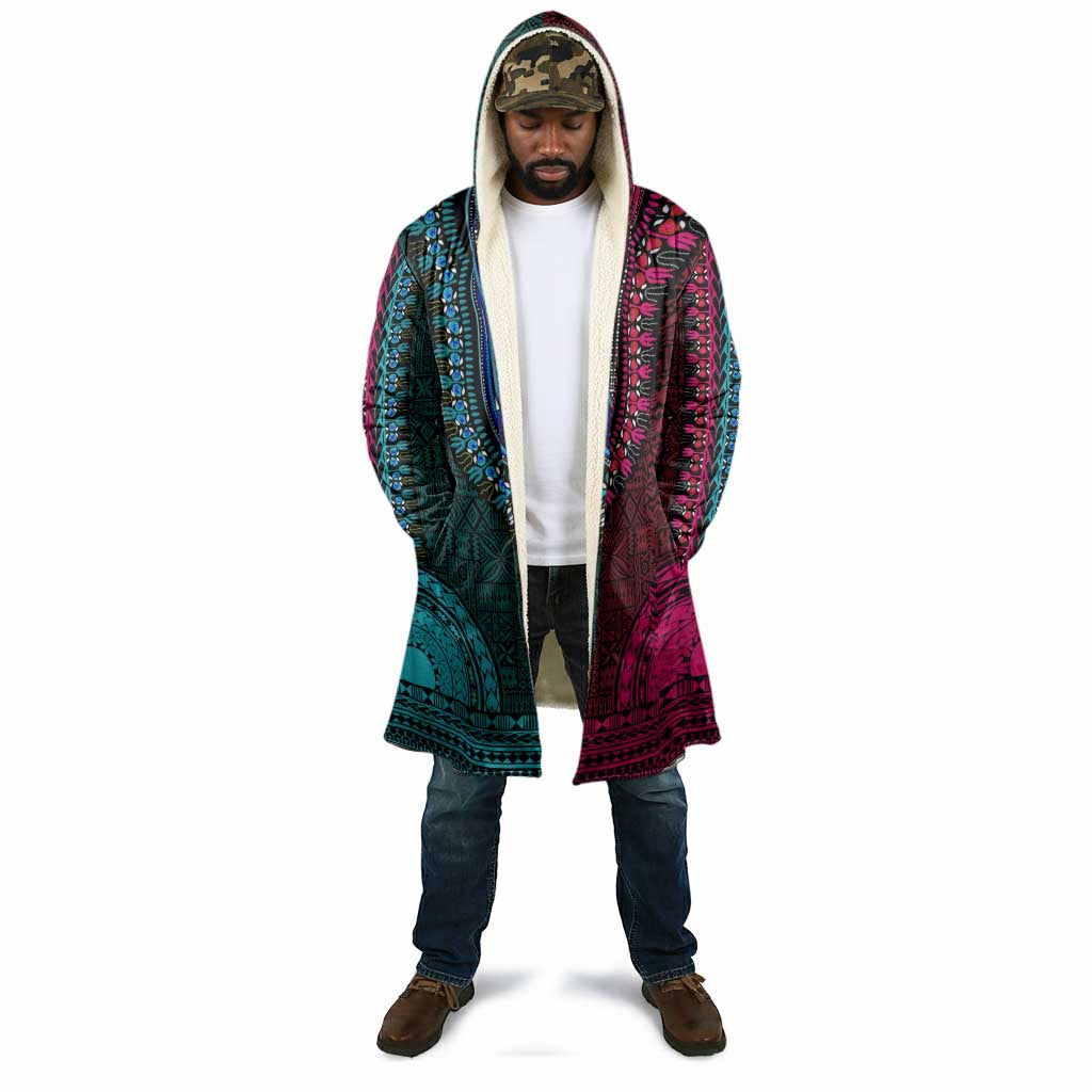 Teal-pink Dashiki and Tapa Pattern Cloak Africa-Polynesia Together Culture