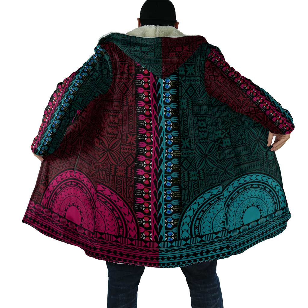 Teal-pink Dashiki and Tapa Pattern Cloak Africa-Polynesia Together Culture