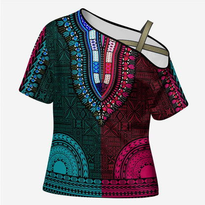 Teal-pink Dashiki and Tapa Pattern Cross Shoulder Shirt Africa-Polynesia Together Culture