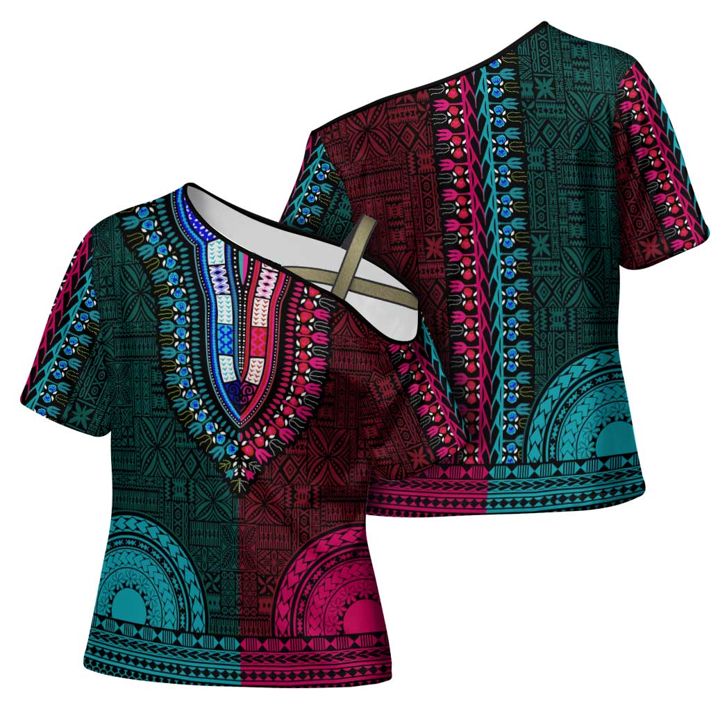 Teal-pink Dashiki and Tapa Pattern Cross Shoulder Shirt Africa-Polynesia Together Culture