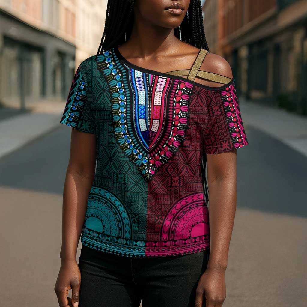 Teal-pink Dashiki and Tapa Pattern Cross Shoulder Shirt Africa-Polynesia Together Culture