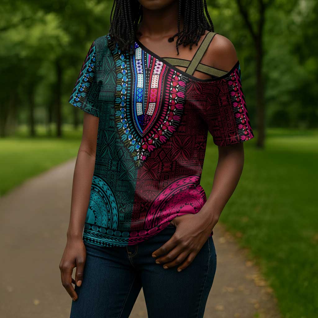 Teal-pink Dashiki and Tapa Pattern Cross Shoulder Shirt Africa-Polynesia Together Culture