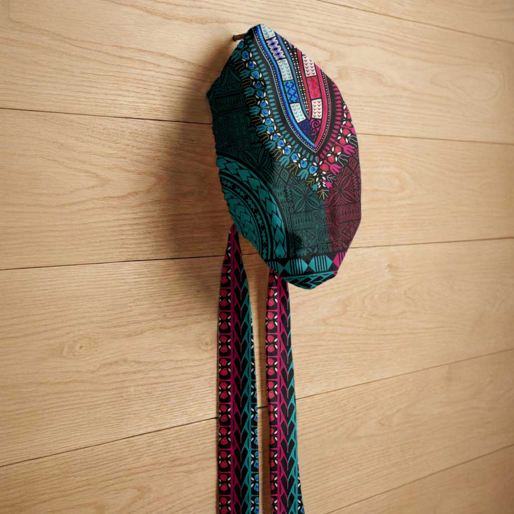 Teal-pink Dashiki and Tapa Pattern Easy Headwrap Africa and Polynesia Together Culture