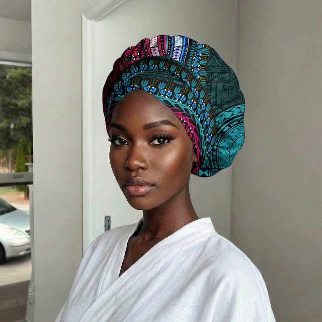 Teal-pink Dashiki and Tapa Pattern Easy Headwrap Africa and Polynesia Together Culture
