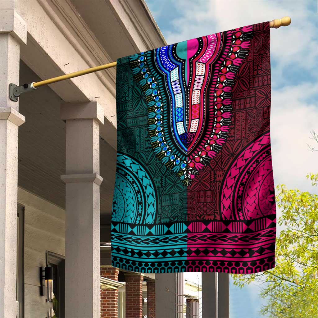 Teal-pink Dashiki and Tapa Pattern Garden Flag Africa-Polynesia Together Culture