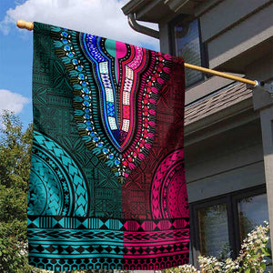 Teal-pink Dashiki and Tapa Pattern Garden Flag Africa-Polynesia Together Culture