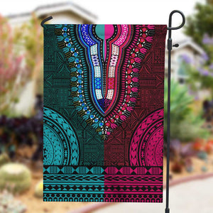 Teal-pink Dashiki and Tapa Pattern Garden Flag Africa-Polynesia Together Culture