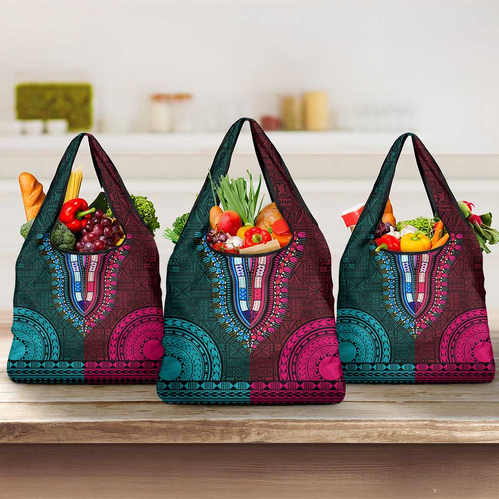 Teal-pink Dashiki and Tapa Pattern Grocery Bag Africa-Polynesia Together Culture