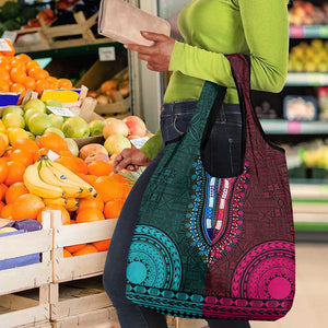 Teal-pink Dashiki and Tapa Pattern Grocery Bag Africa-Polynesia Together Culture