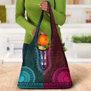 Teal-pink Dashiki and Tapa Pattern Grocery Bag Africa-Polynesia Together Culture