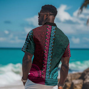 Teal-pink Dashiki and Tapa Pattern Hawaiian Shirt Africa-Polynesia Together Culture