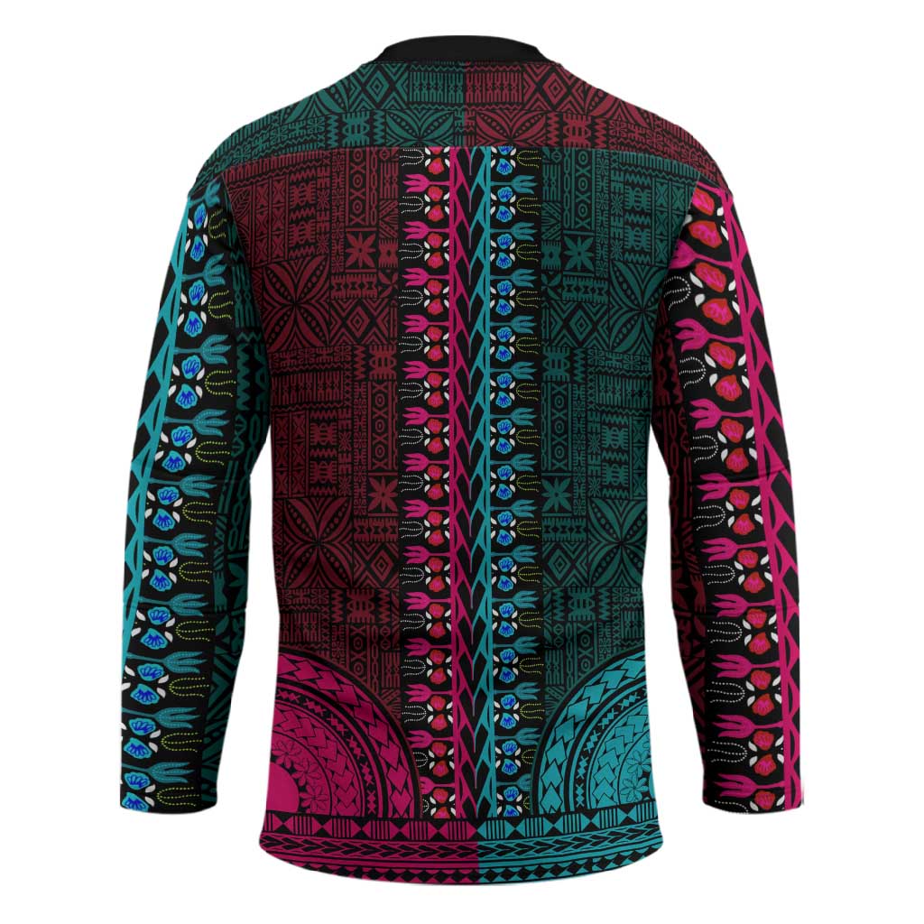 Teal-pink Dashiki and Tapa Pattern Hockey Jersey Africa-Polynesia Together Culture