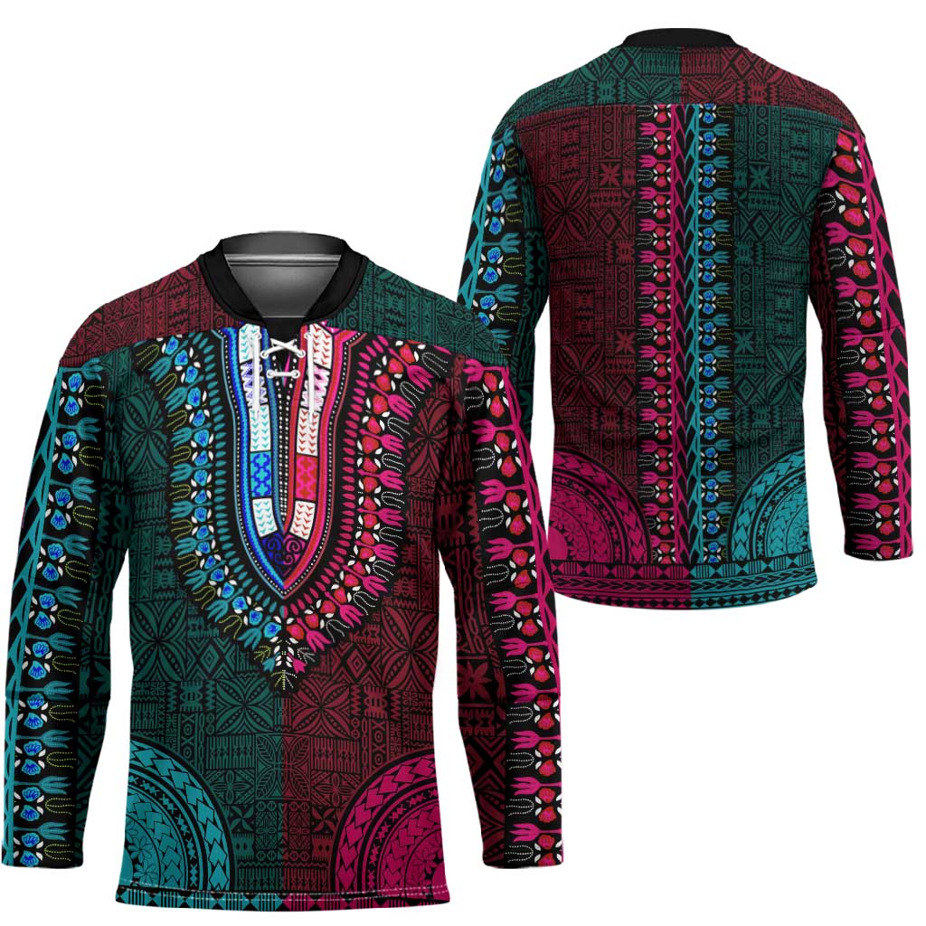 Teal-pink Dashiki and Tapa Pattern Hockey Jersey Africa-Polynesia Together Culture