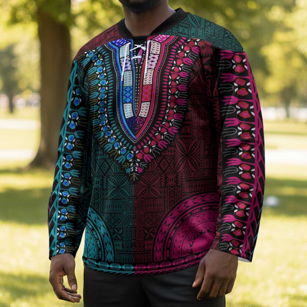 Teal-pink Dashiki and Tapa Pattern Hockey Jersey Africa-Polynesia Together Culture
