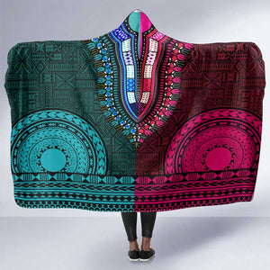 Teal-pink Dashiki and Tapa Pattern Hooded Blanket Africa-Polynesia Together Culture