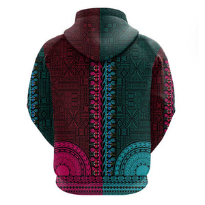 Teal-pink Dashiki and Tapa Pattern Hoodie Africa-Polynesia Together Culture