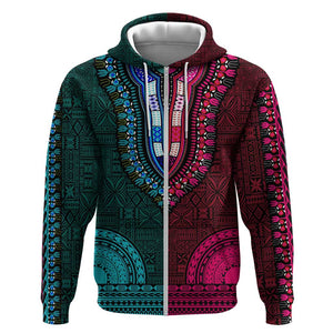 Teal-pink Dashiki and Tapa Pattern Hoodie Africa-Polynesia Together Culture