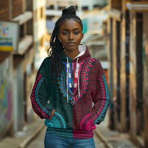 Teal-pink Dashiki and Tapa Pattern Hoodie Africa-Polynesia Together Culture