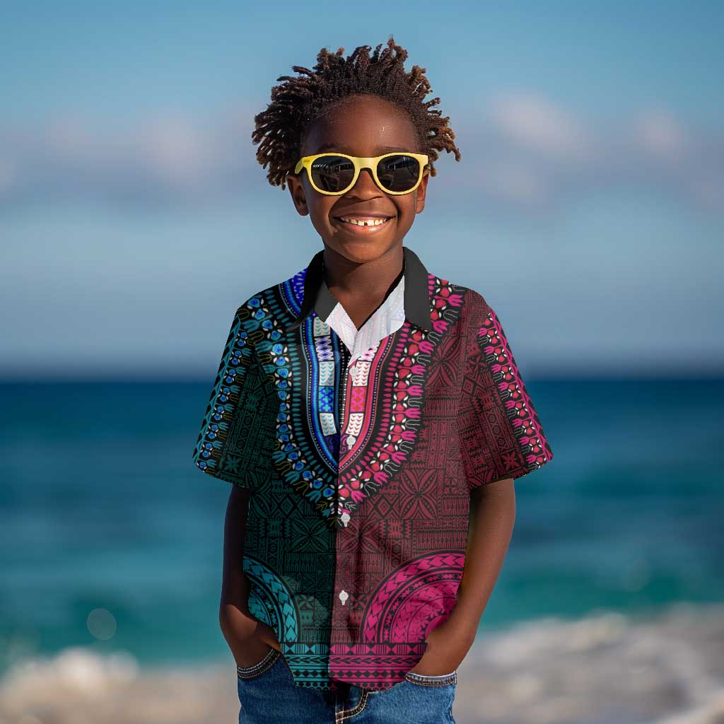 Teal-pink Dashiki and Tapa Pattern Kid Hawaiian Shirt Africa-Polynesia Together Culture