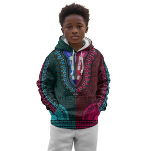 Teal-pink Dashiki and Tapa Pattern Kid Hoodie Africa-Polynesia Together Culture