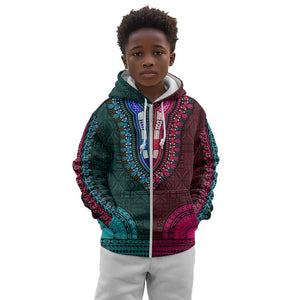 Teal-pink Dashiki and Tapa Pattern Kid Hoodie Africa-Polynesia Together Culture