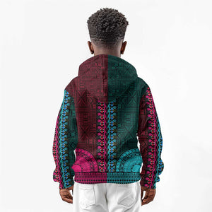 Teal-pink Dashiki and Tapa Pattern Kid Hoodie Africa-Polynesia Together Culture