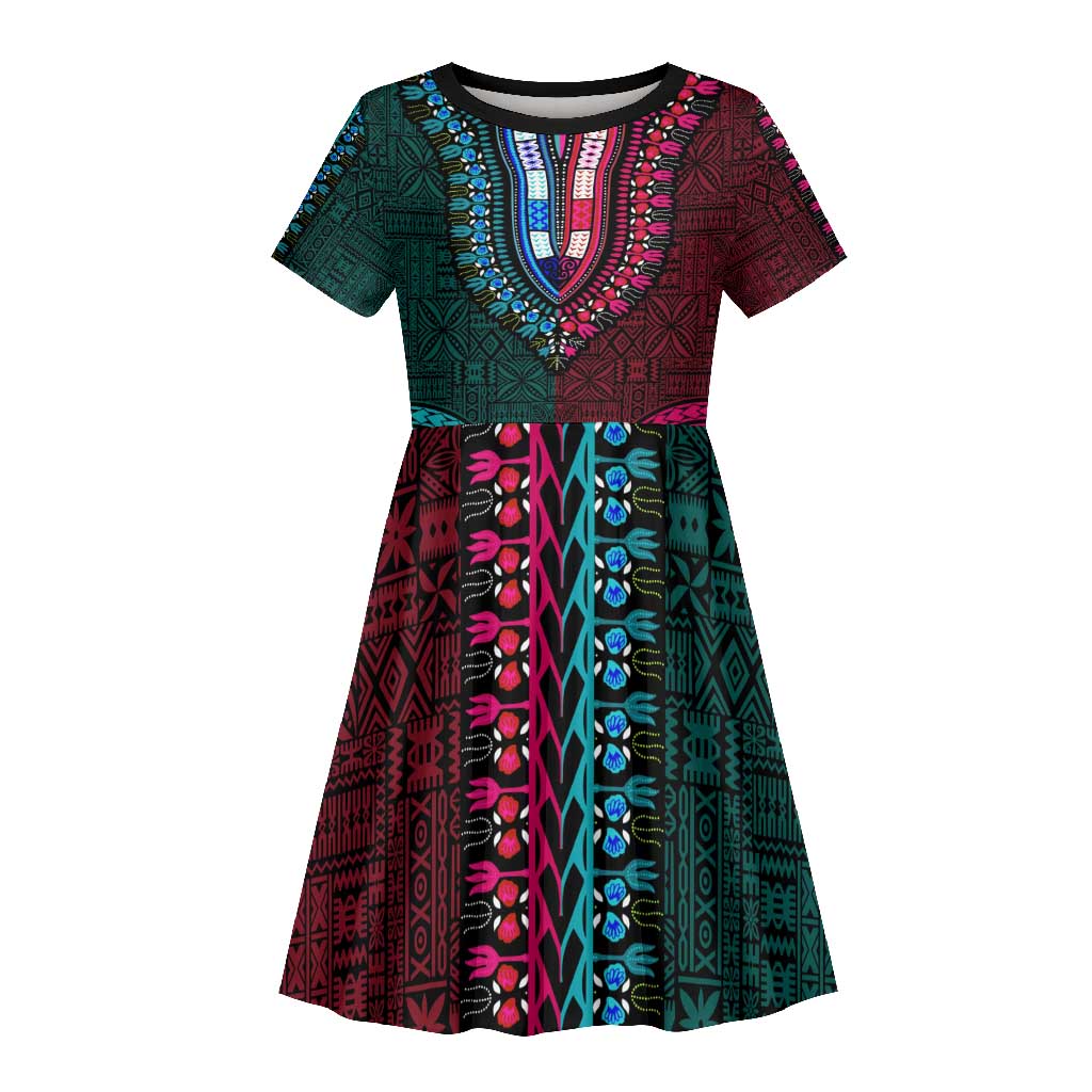 Teal-pink Dashiki and Tapa Pattern Kid Short Sleeve Dress Africa-Polynesia Together Culture