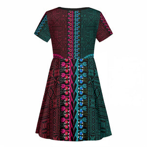 Teal-pink Dashiki and Tapa Pattern Kid Short Sleeve Dress Africa-Polynesia Together Culture