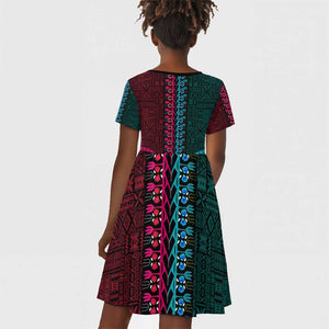 Teal-pink Dashiki and Tapa Pattern Kid Short Sleeve Dress Africa-Polynesia Together Culture