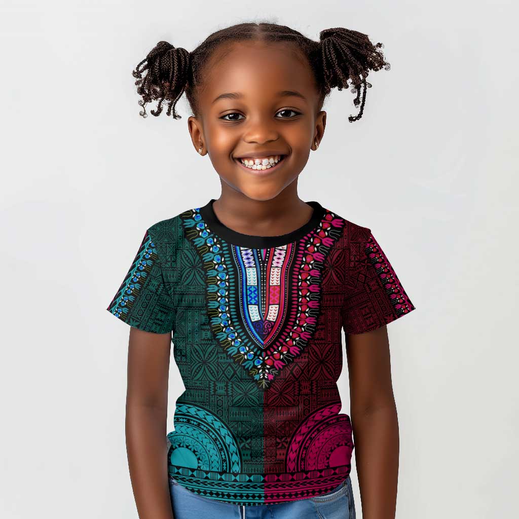 Teal-pink Dashiki and Tapa Pattern Kid T shirt Africa-Polynesia Together Culture